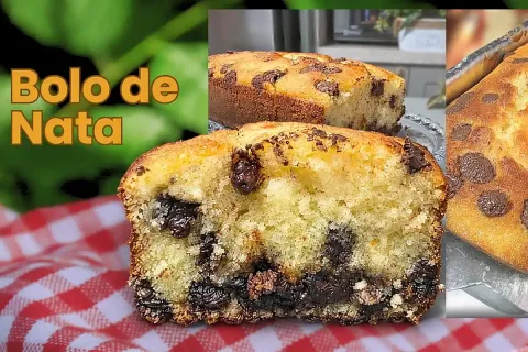 Bolo de nata com gotinhas de chocolate bem macio e saboroso 