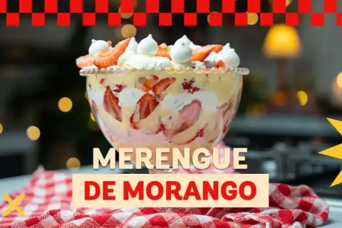 Merengue de morango com muito creme e pedacos frescos da fru