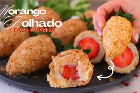 Morango folhado combinando crocancia e cremosidade em cada m