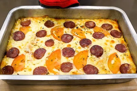 Pizza de massa mole que nao precisa sovar e fica pronta bem 
