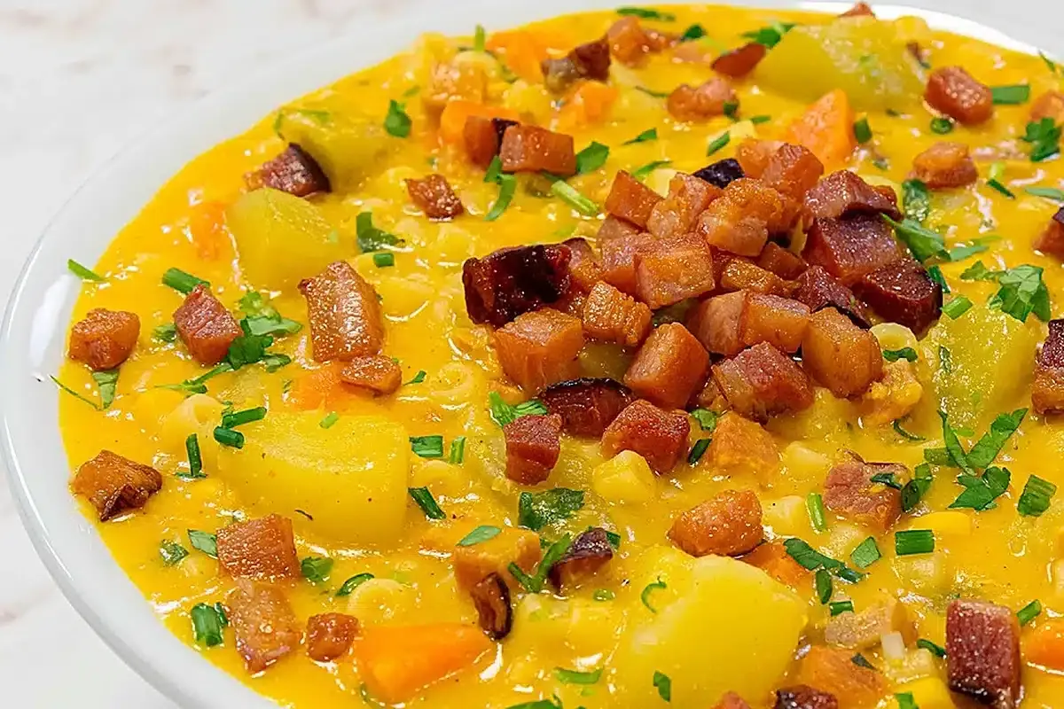 Sopa cremosa de milho de latinha preparada com bacon macarra